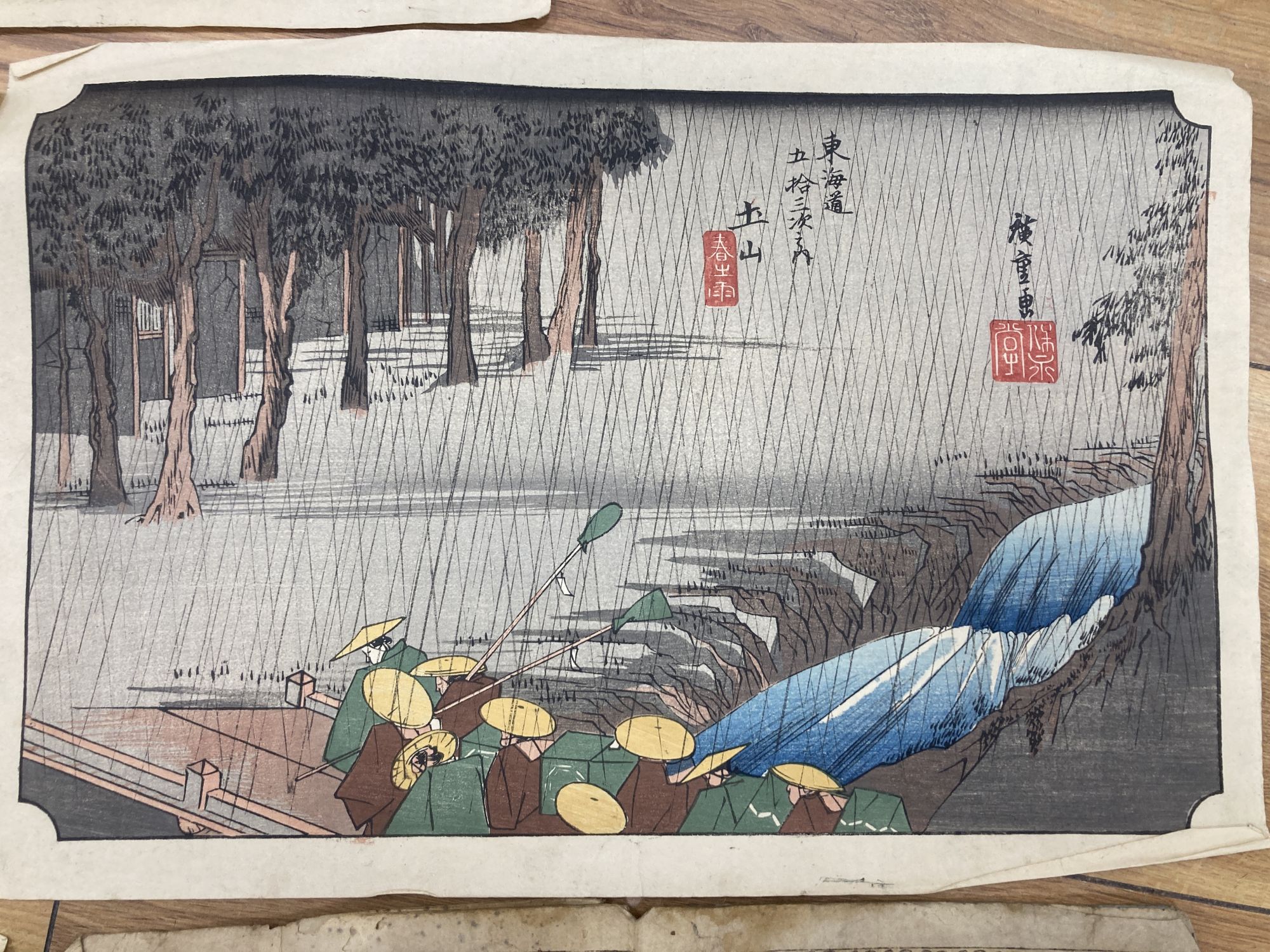 Japanese School , five woodblock prints, Women in a garden and other studies, 24 x 35cm, unframed